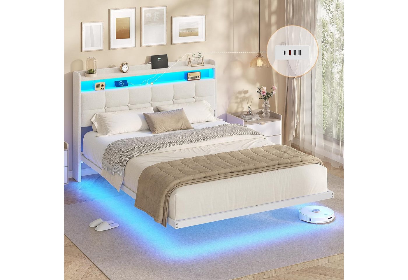 MSMASK Polsterbett Bettrahmen mit LED-Beleuchtung und Ladestation (1-tlg., Ohne Matratze), Jugendbett Bettgestll 140x190cm von MSMASK
