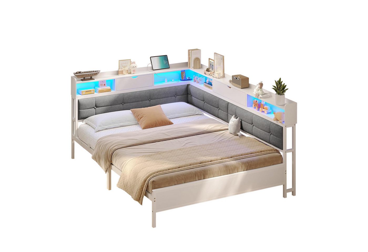 MSMASK Polsterbett Daybett Jugendbett mit LED-Beleuchtung und USB-Ladestation (Ohne Matratze), Bettgestell mit Lattenrost aus Metall,140x200 von MSMASK