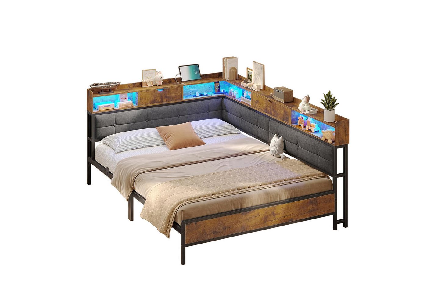 MSMASK Polsterbett Daybett Jugendbett mit LED-Beleuchtung und USB-Ladestation (Ohne Matratze), Bettgestell mit Lattenrost aus Metall,140x200 von MSMASK