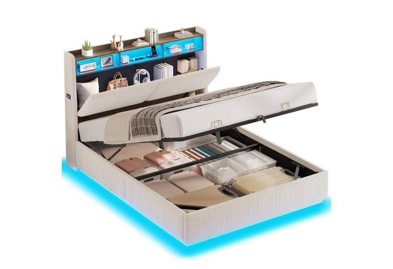 MSMASK Polsterbett Hydraulisches Stauraumbett mit LED Beleuchtung und Steckdosen (1-tlg., Ohne Matratze), Jugendbett mit Stauraum Kopfteil, 140x190cm von MSMASK