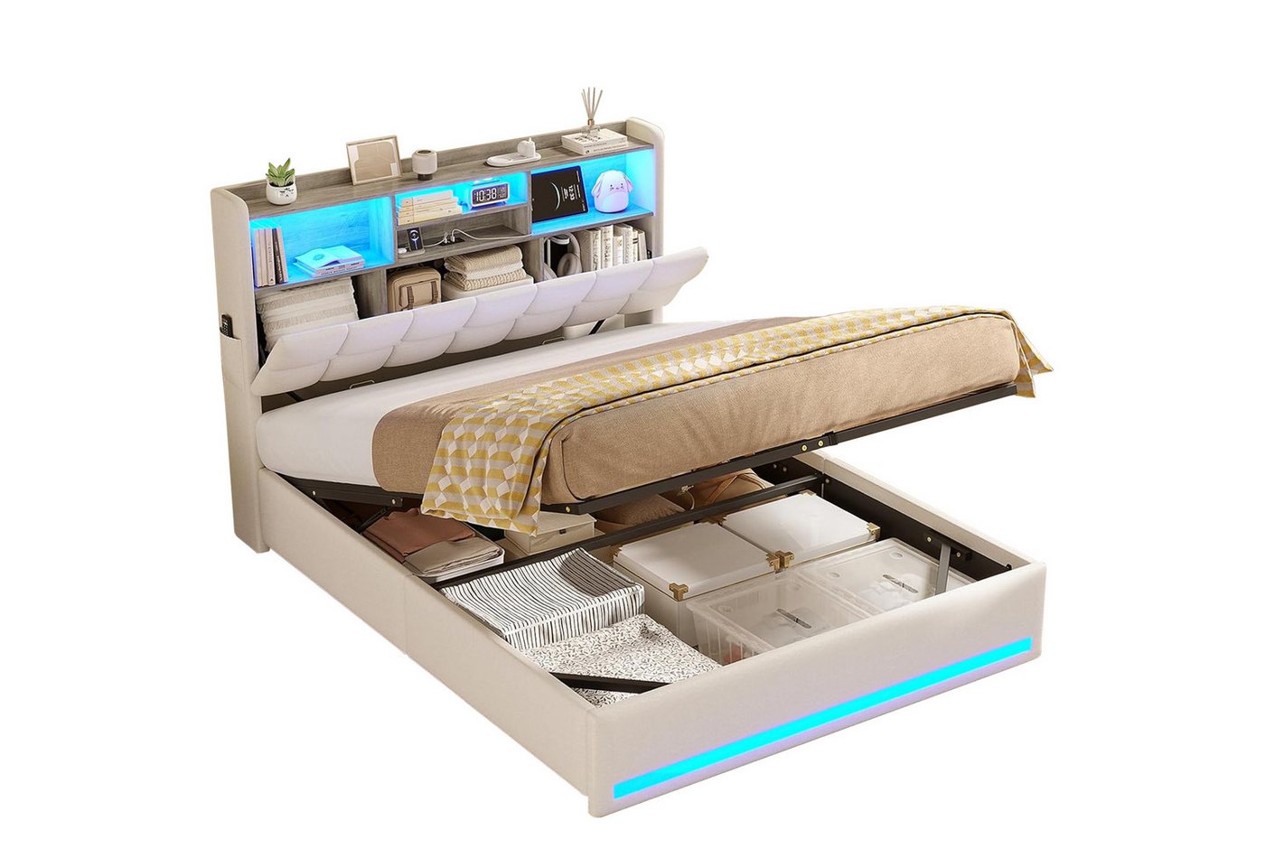 MSMASK Polsterbett Hydraulisches Stauraumbett mit LED-Bleuchtung, 140X200 cm (1-tlg., Ohne Matratze), Jugendbett mit USB- und Type-C-Anschlüsse, Leinenstoff von MSMASK
