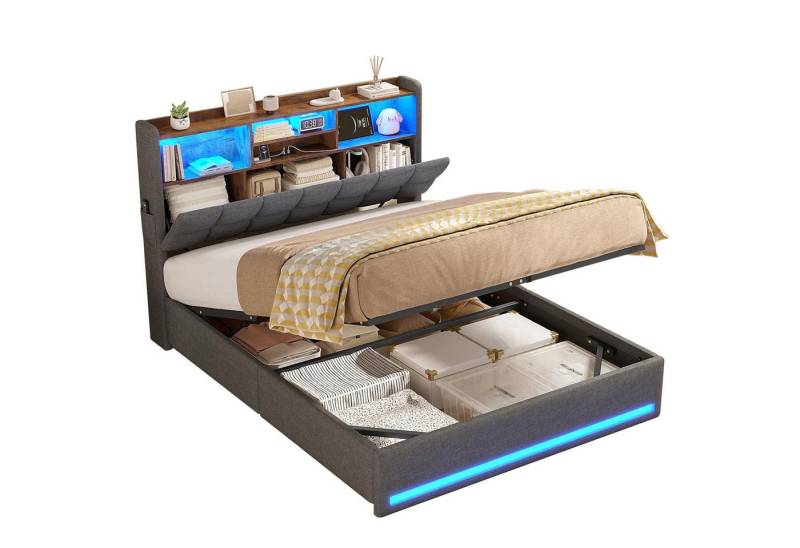 MSMASK Polsterbett Hydraulisches Stauraumbett mit LED-Bleuchtung, 140X200 cm (1-tlg., Ohne Matratze), Jugendbett mit USB- und Type-C-Anschlüsse, Leinenstoff von MSMASK