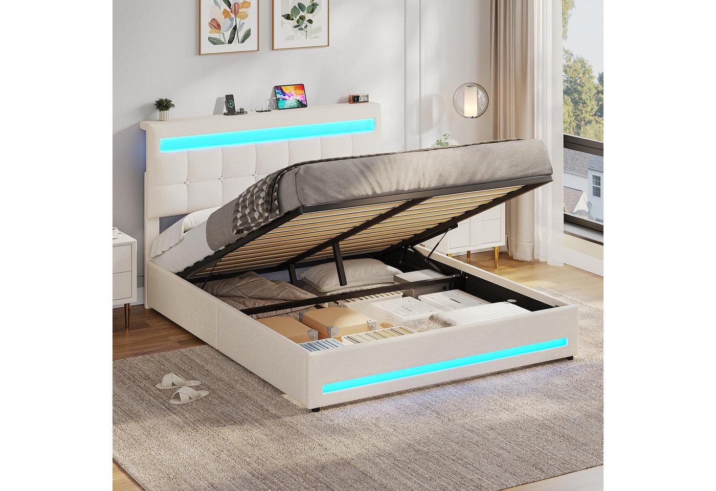 MSMASK Polsterbett Jugendbett mit LED Beleuchtung und Ladestation, 140 x 200 cm (Ohne Matratze), Hydraulisches Bett mit Höhenverstellbares Kopfteil und Stauraum von MSMASK