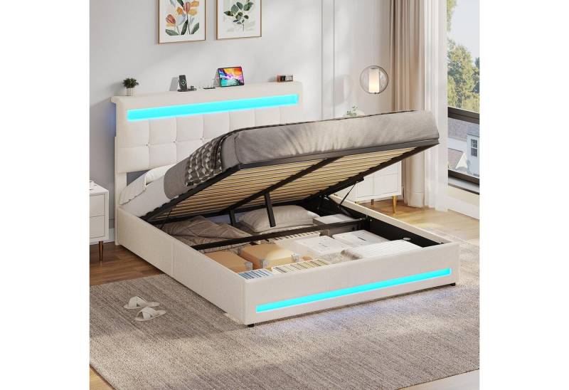 MSMASK Polsterbett Jugendbett mit LED Beleuchtung und Ladestation, 140 x 200 cm (Ohne Matratze), Hydraulisches Bett mit Höhenverstellbares Kopfteil und Stauraum von MSMASK