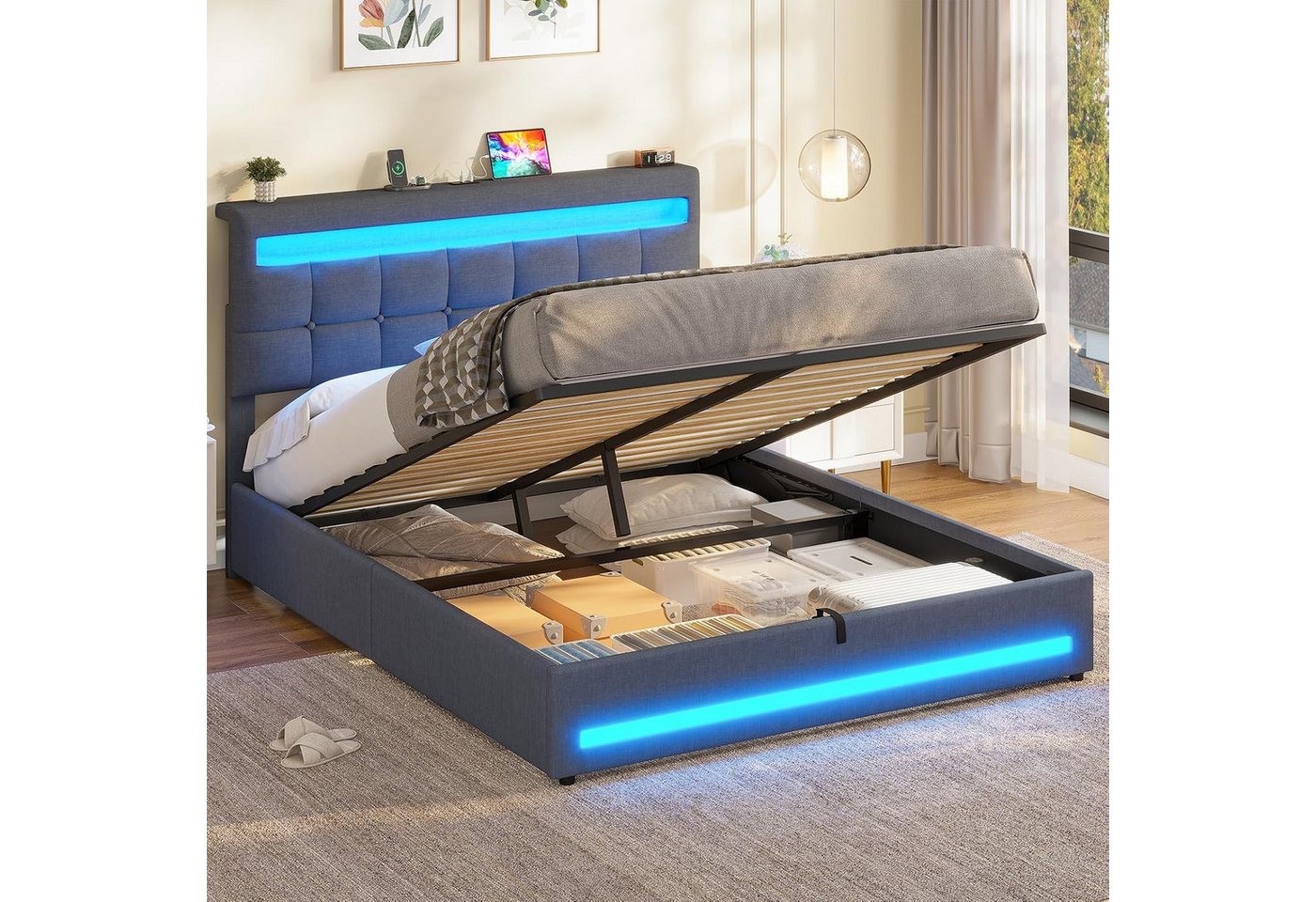 MSMASK Polsterbett Jugendbett mit LED Beleuchtung und Ladestation, 140 x 200 cm (Ohne Matratze), Hydraulisches Bett mit Höhenverstellbares Kopfteil und Stauraum von MSMASK