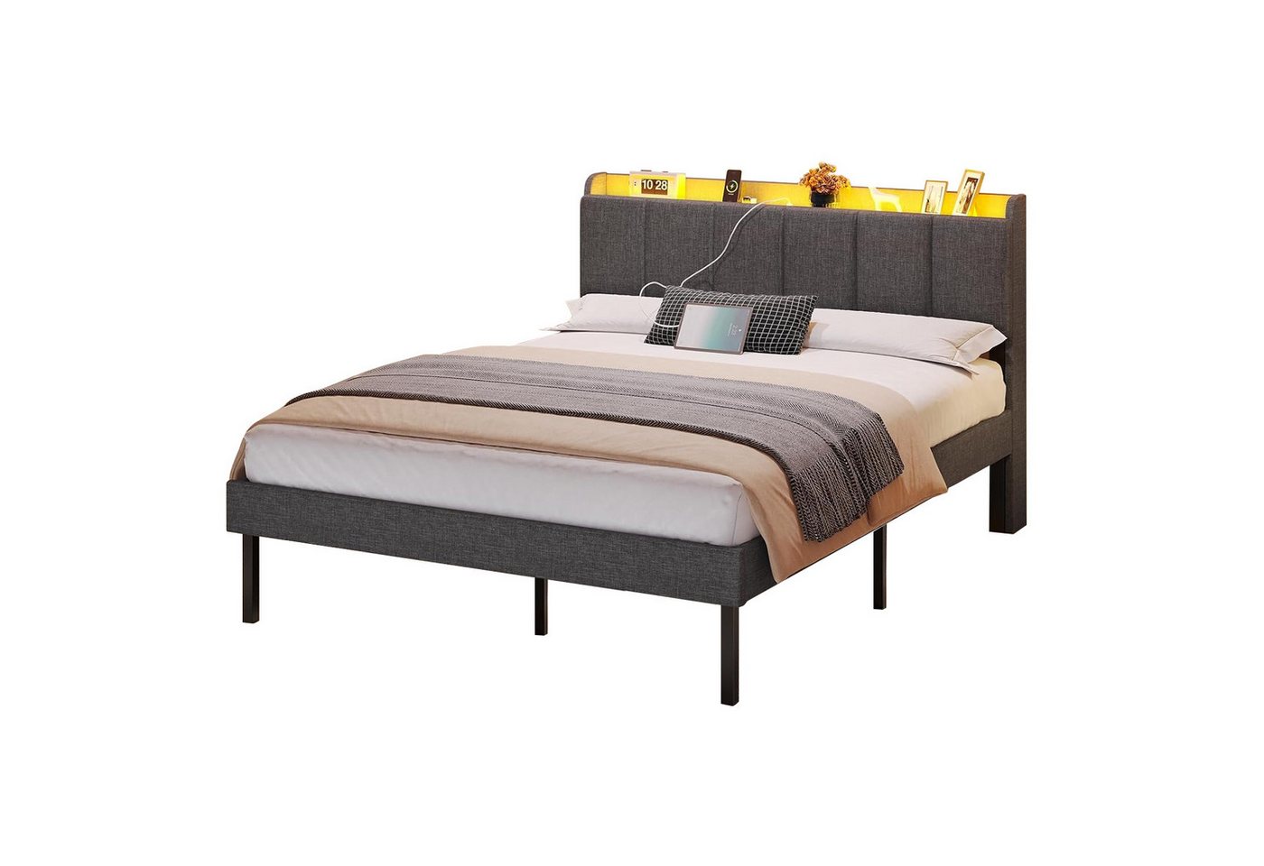 MSMASK Polsterbett Jugendbett mit LED-Beleuchtung und Ladestation (1-tlg., Ohne Matratze), Dimmbare Farben, Bettrahmen 160x200cm von MSMASK