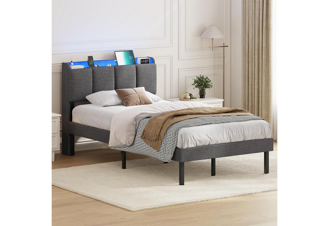 MSMASK Polsterbett Jugendbett mit LED-Beleuchtung und Ladestation (1-tlg., Ohne Matratze), Dimmbare Farben, Bettrahmen 90x200cm von MSMASK