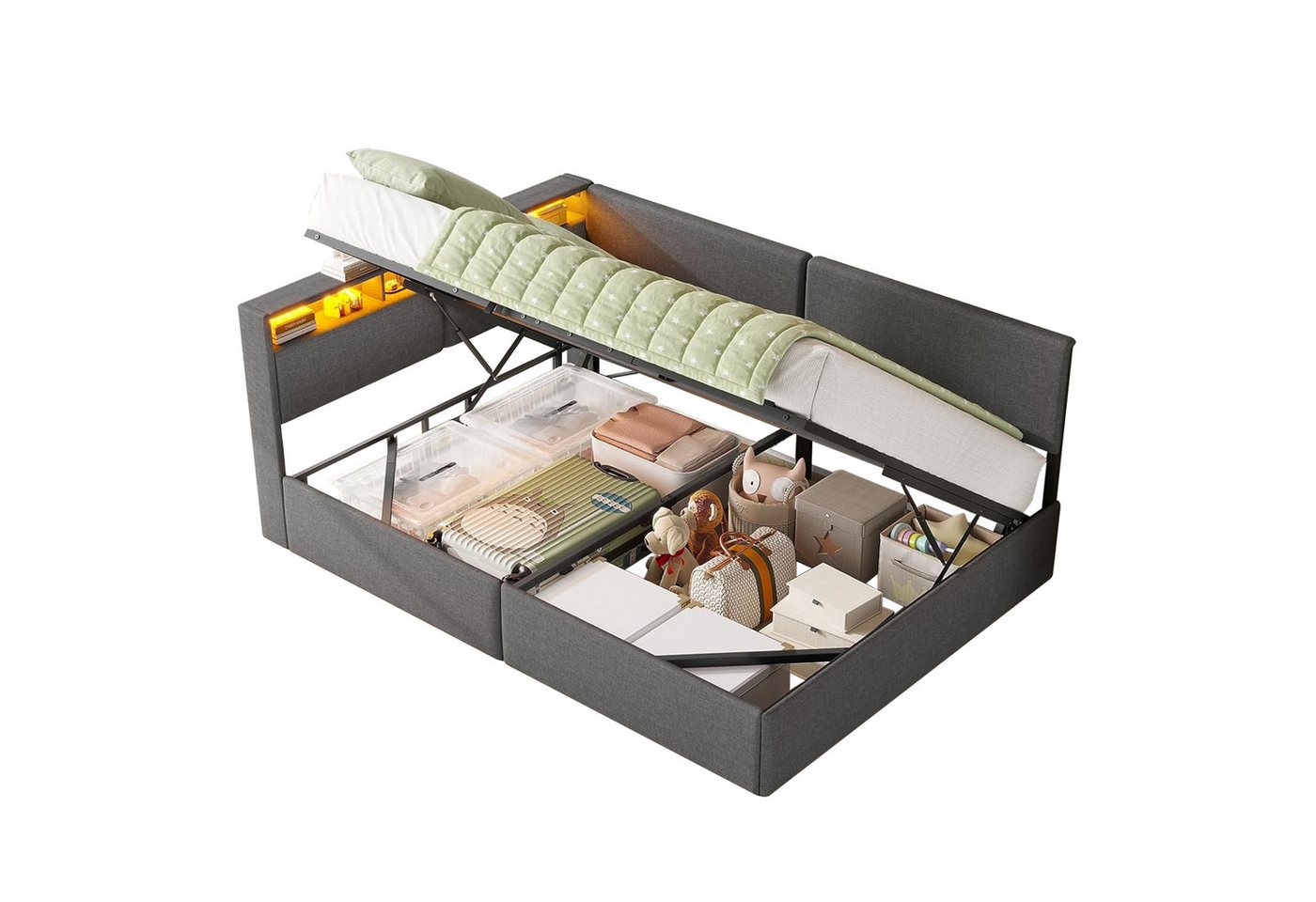 MSMASK Polsterbett mit USB-Steckdosen & LED-Kopftei, Hydraulischem Stauraum (1-tlg., Ohne Matratze), Daybett Kinderbett Jugendbett Schlafsofa 140x200 cm von MSMASK