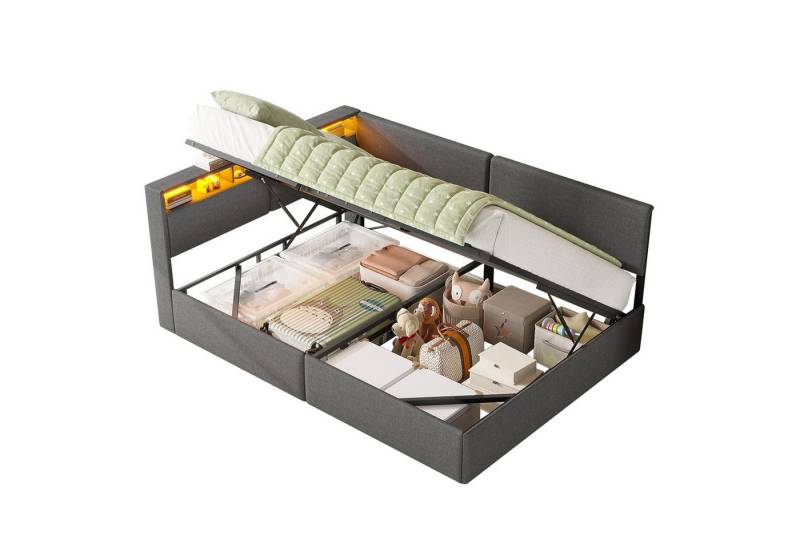 MSMASK Polsterbett mit USB-Steckdosen & LED-Kopftei, Hydraulischem Stauraum (1-tlg., Ohne Matratze), Daybett Kinderbett Jugendbett Schlafsofa 140x200 cm von MSMASK