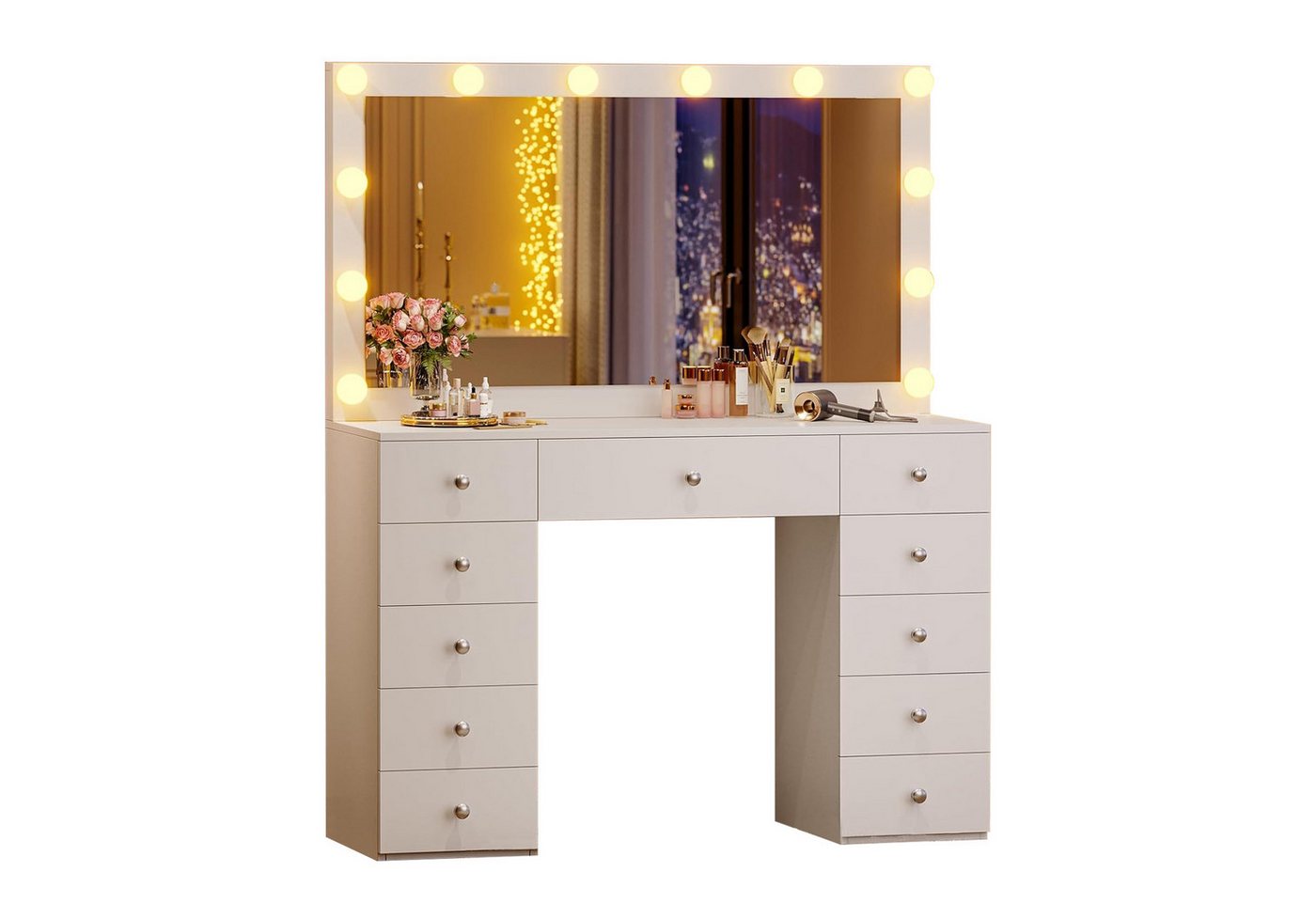 MSMASK Schminktisch mit LED Beleuchtung, XXL Spiegel-Kosmetiktisch mit Ladestation (1-St), 1 Schubladen, 40T x 105B x 140H cm von MSMASK