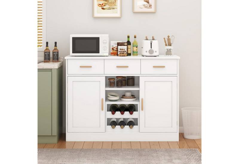 MSMASK Sideboard Küchenschrank mit Arbeitsplatten und Steckdose, mit 3 Schubladen (1 St), Flexibles Weinregal, Weiß, 107x40x80cm von MSMASK