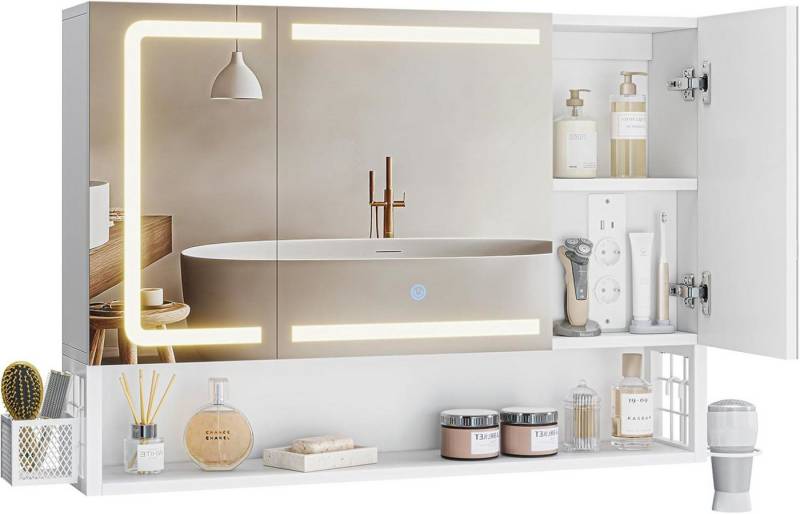 MSMASK Spiegelschrank mit LED-Beleuchtung und Steckdose, Badezimmerschrank mit verstellbarer Ablage, dimmbar, 80×16×60 cm von MSMASK