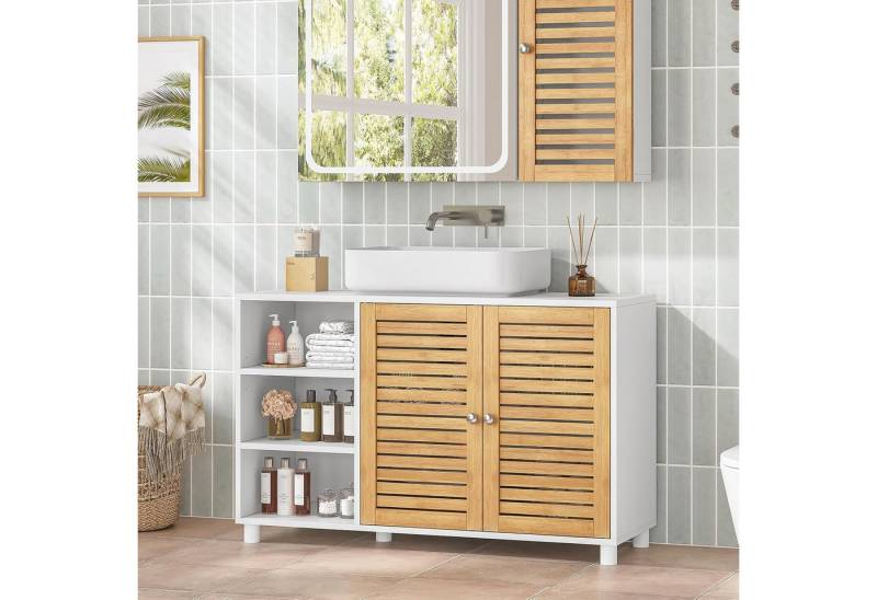 MSMASK Waschbeckenunterschrank Badschrank Unterschrank mit 2 Bambustüren, 3 offene Fächer 30 x 90 x 60 cm, Weiß von MSMASK