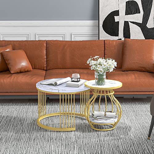 CouchTisch,70 * 70 * 45.5c*45 * 45 * 53.5cm,Couchtisch 2er Set Rund Tisch Wohnzimmer Rund mit Metallgestell Beistelltisch Weiss Modern Satztische fürs Wohnzimmer, Weiß Gold Marmor Optik von MSMOK
