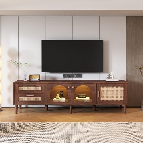 MSMOK 180 cm brauner TV-Schrank für 80-Zoll-Fernseher – mit 2 Rattan-Schubladen, 2 gewölbten Glastüren und 1 Rattan-Tür, LED-Beleuchtung, bietet stilvolle Aufbewahrung, TV-Board (Braun) von MSMOK