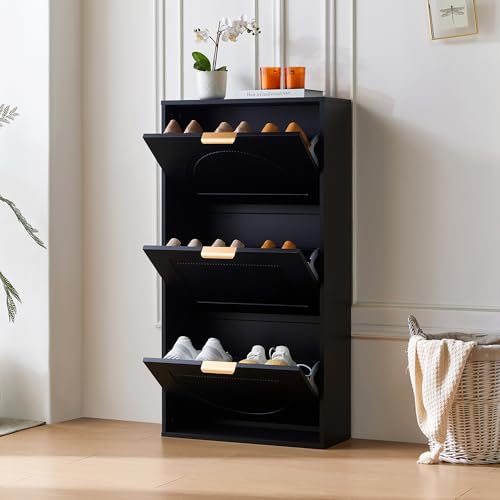 MSMOK 60 x 24 x 114cm,Schuhkipper Schmal mit 3 Klappen, Schuhschrank, schuhregal geschlossen für Flur Wohnzimmer,(Schwarz) von MSMOK