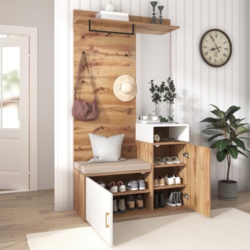 MSMOK Elegantes weißes und holzfarbenes Garderoben-Set mit Spiegel, Schuhschrank, Wandgarderobe, Sitzbank und Kleiderhaken (105 * 40 * 190.5cm) von MSMOK