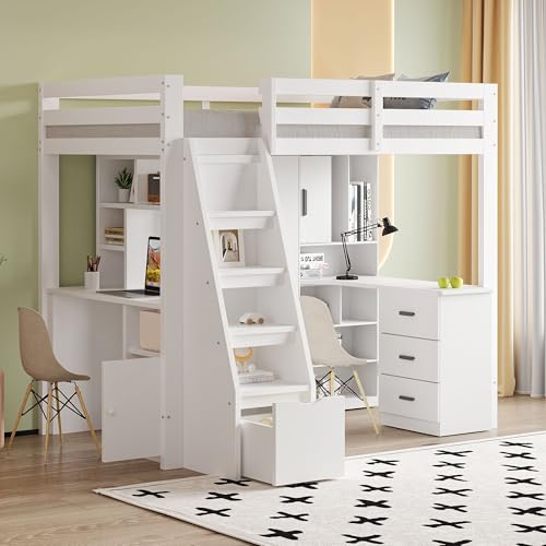MSMOK Hochbett 90 * 200cm, Einzelbett Jugendbett Kinderbett,Mit Stauraum-Sicherheits-Kletterleiter, Massivholzrahmen, Mit Stauraum-Kleiderschrank (Weiß +Hochbett+Arbeitstisch) von MSMOK