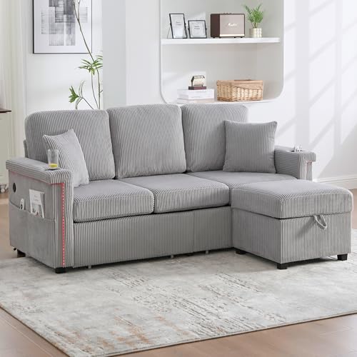 MSMOK Hochwertiges Sofa, inklusive Stauraum-Fußteil, praktischen Getränkehaltern und Seitentaschen – Premium Qualität für Wohnzimmer, Schlafzimmer oder Büro (Hellgrau) von MSMOK