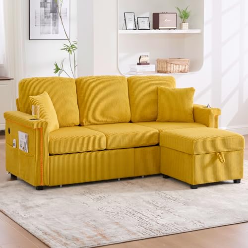 MSMOK Hochwertiges Sofa, inklusive Stauraum-Fußteil, praktischen Getränkehaltern und Seitentaschen – Premium Qualität für Wohnzimmer, Schlafzimmer oder Büro (Senfgelb) von MSMOK