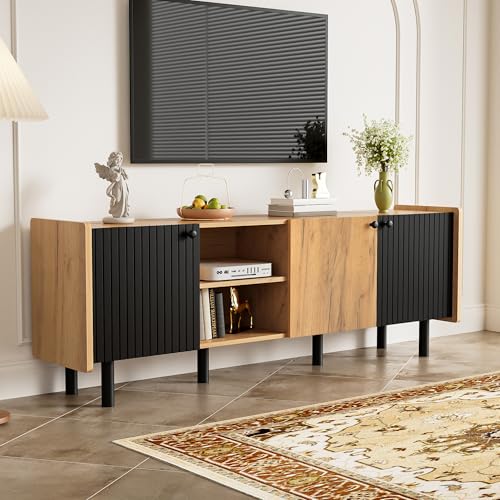 MSMOK Hoher TV-Schrank fürs Wohnzimmer,160 cm Schwarzer und Holzfarbener TV-Schrank – Moderner Stil mit DREI Türen und Zwei Offenen Fächern von MSMOK