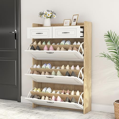 MSMOK Holzschuhschrank hoch, Schuhkommode mit drehbarem Schuhschrank, bestehend aus DREI großen Klappen und Zwei Schubladen, Schuhregal, Geeignet für Eingangsbereiche und Wohnzimmer (Weiß+Natural) von MSMOK