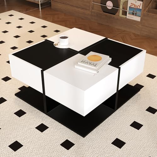 MSMOK Moderner Couchtisch Schwarz Weiß 70×70×35,5 cm mit 2 Schubladen, Hochglanz Kaffeetisch mit Sanftem Schubladenschienen,Quadratischer Wohnzimmertisch mit Stauraum, von MSMOK
