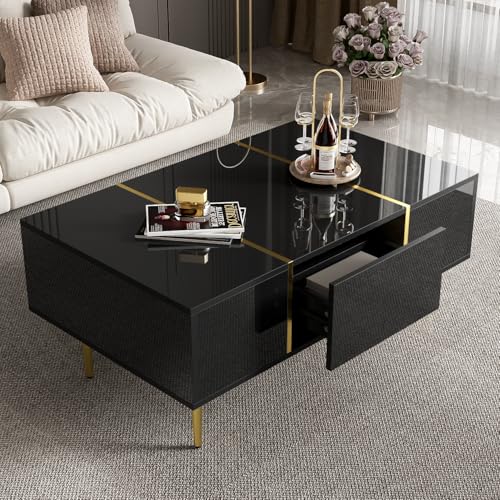 MSMOK Moderner Couchtisch in Schwarz mit Hochglanz und 2 Schubladen,Wohnzimmermöbel (100 * 60cm Schwarz) von MSMOK