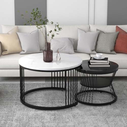 MSMOK Moderner Nesting-Couchtisch, 70 * 70 * 45.5cm, Hochglanz-Tischplatte, marmoriert, Sofa-Beistelltisch, runder Nesting-Couchtisch, 2er-Set, schwarzer Rahmen von MSMOK