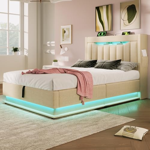MSMOK Polsterbett Einzelbett, Stauraum-Kopfteil mit USB- und Typ-C-Anschlüssen, LED-Beleuchtung am Kopf- und Fußende des Bettes,Bett mit lattenrost,mit Hydraulischem Stauraum, (Beige + 90cm*200cm) von MSMOK