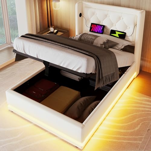MSMOK Polsterbett Einzelbett 90x200 cm,Weiß PU-Material Hydraulisches Stauraumbett, gepolstertes Kopfteil mit USB Typ-C Ladefunktion, 3-seitige LED-Funktion(Ohne Matratze) von MSMOK