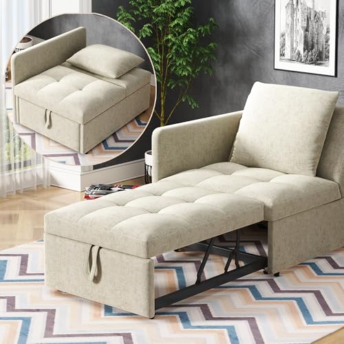MSMOK Polsterbett Schlafsofa 3 in 1 Multifunktions-Schlafsofa, Liegesofa für kleine Räume, Leinenstoffsofa mit Verstellbarer Rückenlehne,Büro-Freizeitsofa (Beige) von MSMOK