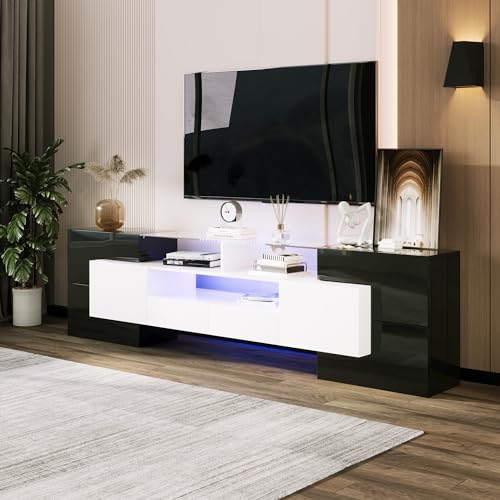 MSMOK Stilvoller TV-Schrank, Lowboard. 200 cm, LED-Beleuchtung, Wohnzimmermöbel. modernes Design. Elegante Glasoberfläche. (Schwarz und weiß + Spanplatte) von MSMOK