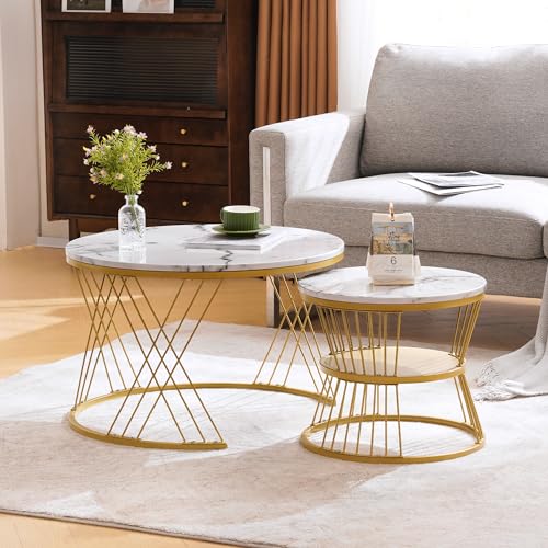 Moderne Nesting Couchtisch, Couchtisch Satz Marmor Furnier Sofa Seite Nest von Tischen Runde Endtische, Goldene Farbe Frame, Satz von 2 (Weiß) von MSMOK