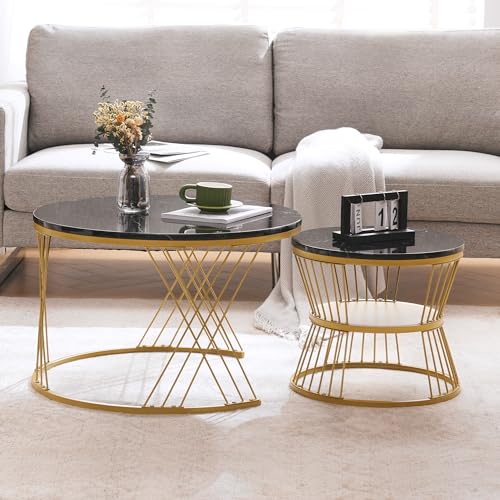 Moderne Nesting Couchtisch, Couchtisch Satz Marmor Furnier Sofa Seite Nest von Tischen Runde Endtische, Goldene Farbe Frame, Satz von 2 (schwarz) von MSMOK
