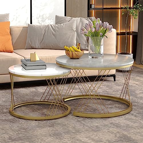 Moderne Nesting Couchtisch, Couchtisch Satz Marmor Furnier Sofa Seite Nest von Tischen Runde Endtische, Goldene Farbe Frame, Satz von 2 (weiß + grau) von MSMOK