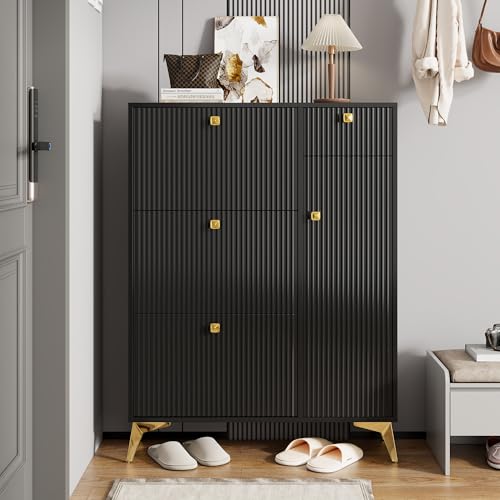 Schuhschrank hoch mit 3 Klappen, Schuhkipper schmal,1 Schublade und 1 Tür, Schuhregal, Schuhschrank Schwarz. Maße: H 121 cm/B 90 cm/T 25 cm (Black) von MSMOK