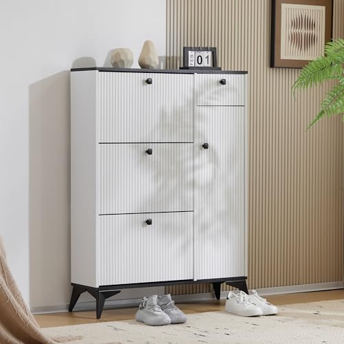 Schuhschrank hoch mit 3 Klappen, Schuhkipper schmal,1 Schublade und 1 Tür, Schuhregal, Schuhschrank Schwarz. Maße: H 121 cm/B 90 cm/T 25 cm (White) von MSMOK