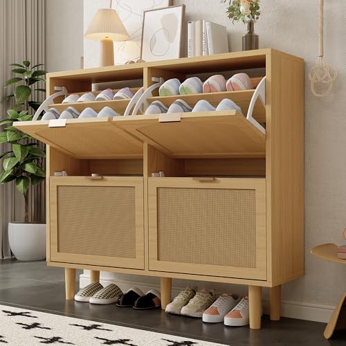 Schuhschrank mit 4 Klappschubladen,Landhausstil, Schuhkommode aus Rattan mit Metallgriffen, Schuhregal für Flur, Schlafzimmer, Wohnung,Holzmöbel, Maße: 100 x 25 x 90 cm von MSMOK