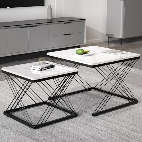 Stilvolles 2-teiliges Couchtisch-Set,Hochglanz-Kombi-Couchtisch, höhenverstellbare Füße, quadratische Tische in 60*60*45cm & 45*45*40cm, hochglänzende Marmoroptik, bis 30kg belastbar (Black+Whit e) Stilvolles 2-teiliges Couchtisch-Set,Hochglanz-Kombi-Couchtisch, höhenverstellbare Füße, quadratische Tische in 60*60*45cm & 45*45*40cm, hochglänzende Marmoroptik, bis 30kg belastbar (Black+Whit e) von MSMOK