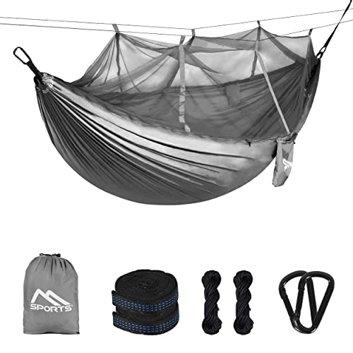 Camping Hängematte Premium Ultraleicht mit Moskitonetz | 250 kg Tragkraft, Atmungsaktiv (Silber-Grau) von MSPORTS