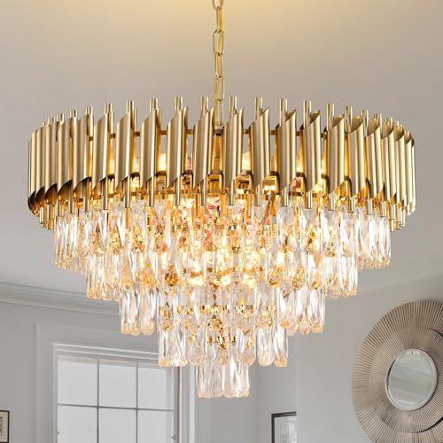 MSSIAN Gold Kristall Moderne Runde Kronleuchter für Esszimmer 5-Stufen Decken Hängeleuchten Große Decken Kronleuchter für Foyer Wohnzimmer Schlafzimmer Foyer Eingang W60CM 12-Leuchten von MSSIAN