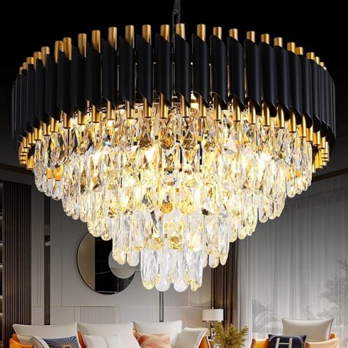 MSSIAN Gold Moderne Kristall Kronleuchter 5-Tier K9 Runde Kristall Kronleuchter Leuchte 12 Lichter Schwarz Große Deckenleuchte für Esszimmer Wohnzimmer Schlafzimmer Eingang W60CM von MSSIAN