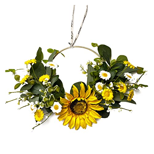 MSUIINT Blumenkranz, künstlicher Sonnenblumen-Kranz, künstliche Sonnenblume mit Gänseblümchen-Girlande, grüne Feder, Metall-Kranz zum Aufhängen, für Haustür, Wand, Fenster von MSUIINT