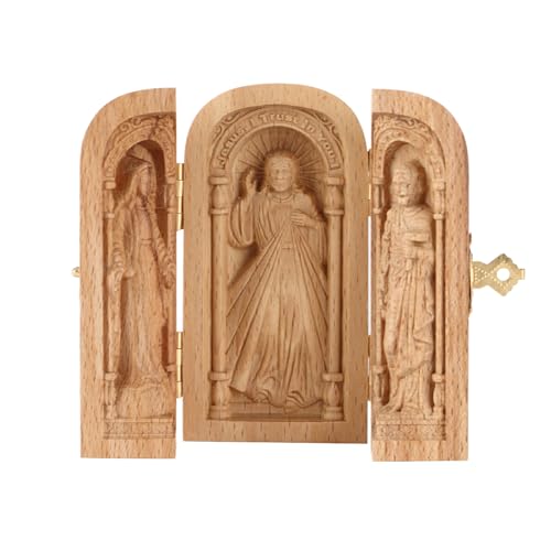 MSUIINT Handgeschnitzte Tragbare Kirche, Tragbare Heilige-Familien-Box, Hölzerner Katholischer Altar für Zuhause, Kleine Handgeschnitzte Holzkiste, Christlicher Altar, Religiöses Geschenk(Braun) von MSUIINT