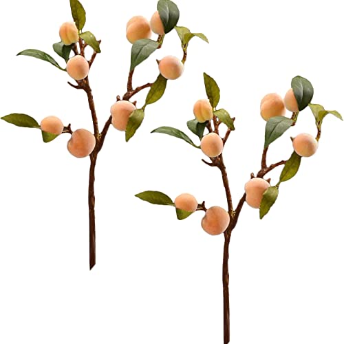 MSUIINT Künstliche Pfirsichzweige, Dekoration, gelb, pfirsichfarben mit grünen Blättern, Zweige mit lebensechten Pfirsichen, Schreibtisch-Ornament, 2 Stück von MSUIINT
