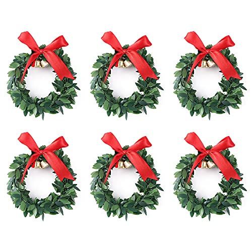 MSUIINT Weihnachtskerzen-Ring, Mini-Weihnachtskränze mit Schleife und Glocke, Mini-Weihnachtskranz, Weihnachts-Serviettenringe, künstlicher Buchsbaumkranz, 12 Stück, Grün, 10 cm von MSUIINT