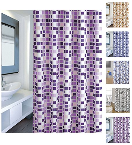 MSV Cotexsa by 142101 Anti-Schimmel Textil Duschvorhang - Anti-Bakteriell mit 12 Duschvorhangringen „Mosaik“ Violett 180x200cm von MSV