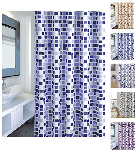 MSV Cotexsa by 142103 Premium Anti-Schimmel Textil Duschvorhang - Anti-Bakteriell mit 12 Duschvorhangringen - Polyester, „Mosaik“ Blau 180x200cm – Made in Spain von MSV