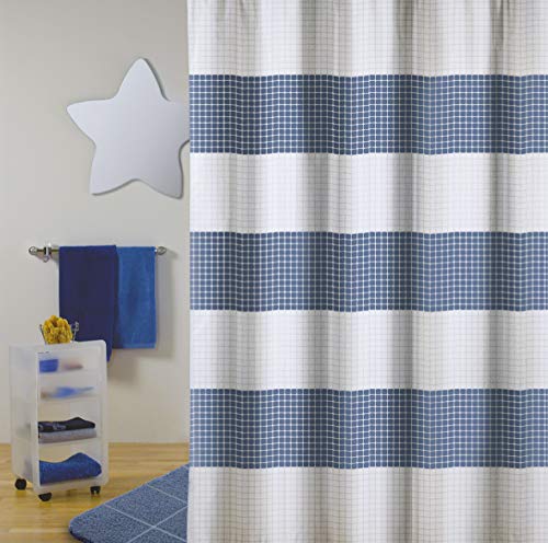 Cotexsa by MSV Premium Anti-Schimmel Textil Duschvorhang - Anti-Bakteriell, waschbar, 100% wasserdicht, mit 12 Duschvorhangringen - Polyester, „Quadro“ Blau Weiß 180x200cm – Made in Spain von MSV